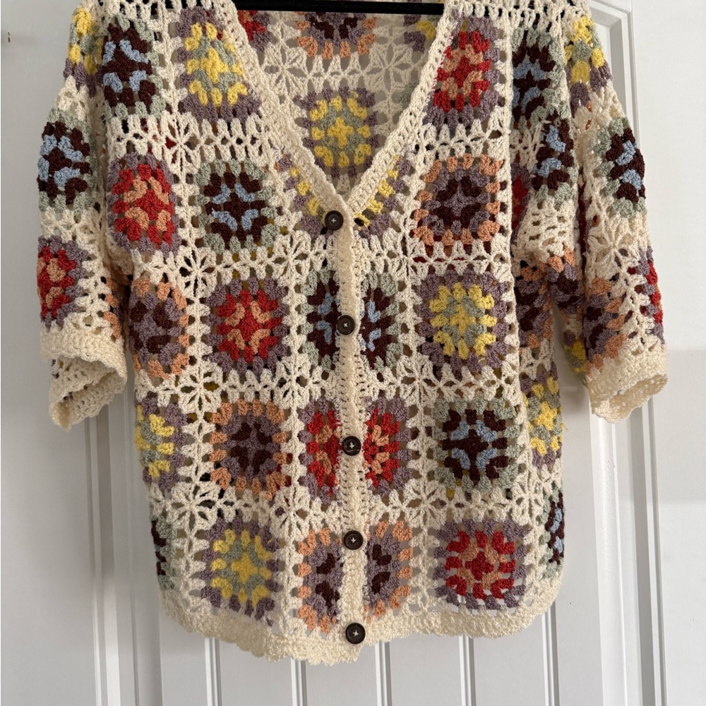 POL Crochet Granny Motif Cardigan in Cream with Lavender, Brown & Peach Accents